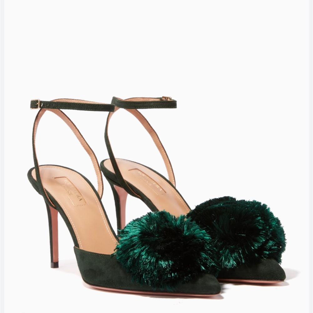 Aquazzura Powder Puff Green Pom Pom Heels